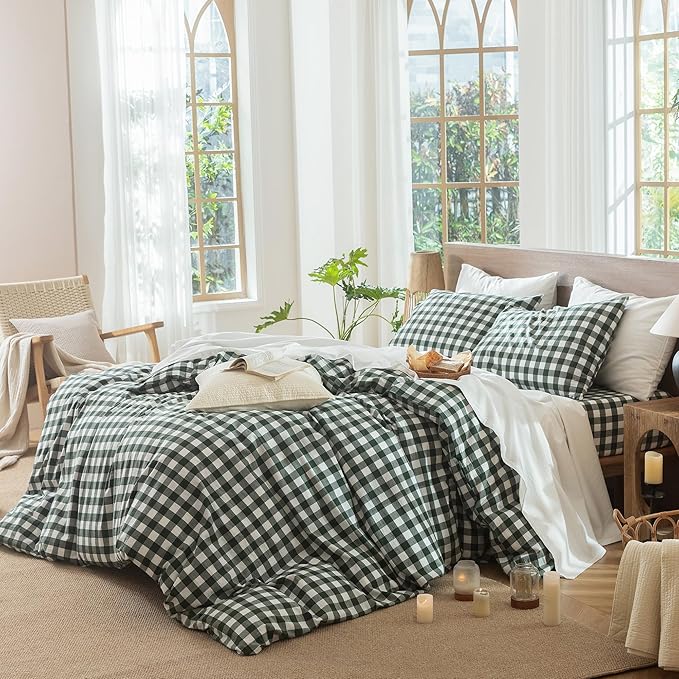 MooMee Gingham Duvet Cover Set 100% Washed Cotton Linen Like Textured Breathable Durable Soft Comfy Modern Checkered Design (Buffalo Plaid Forest Green, Oversized Full 82"x86")