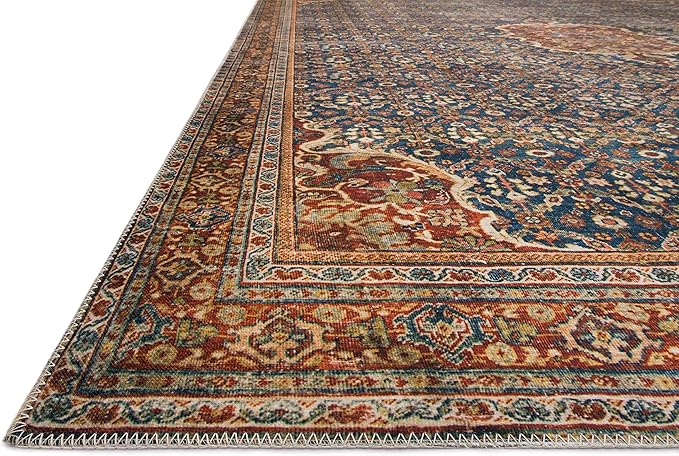Loloi Layla Collection LAY-09 Cobalt Blue/Spice 9'-0" x 12'-0" .13" Thick Area Rug, Soft, Durable, Vintage Inspired, Distressed, Low Pile, Non-Shedding, Easy Clean, Printed, Living Room Rug