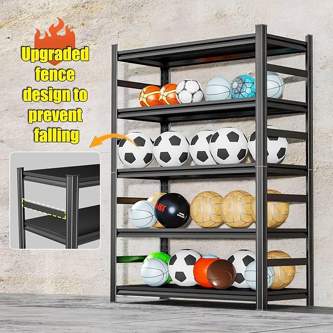72'' Garage Storage Shelves, 5 tier Shelving Unit Metal, Adjustable, Double-Layer Column with Reinforced Ribs, Heavy-Duty, Capable of Bearing 3000 lbs, Suitable for Garage, Warehouse, Kitchen Storage