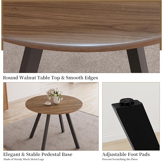 34.6'' Round Dining Table and Chairs for 4 Space Saving for Apartment Kitchen Dining Room (Walnut Table+4 U-Shaped Black Chairs)