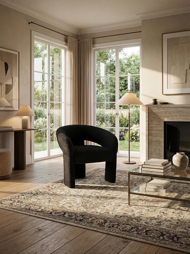 LukeAlon Mid Century Modern Sherpa Accent Chairs Set of 2 – Round Barrel Back Armchairs, Comfy Upholstered Lounge Chairs for Living Room, Bedroom, Office, Waiting Rooms, Black