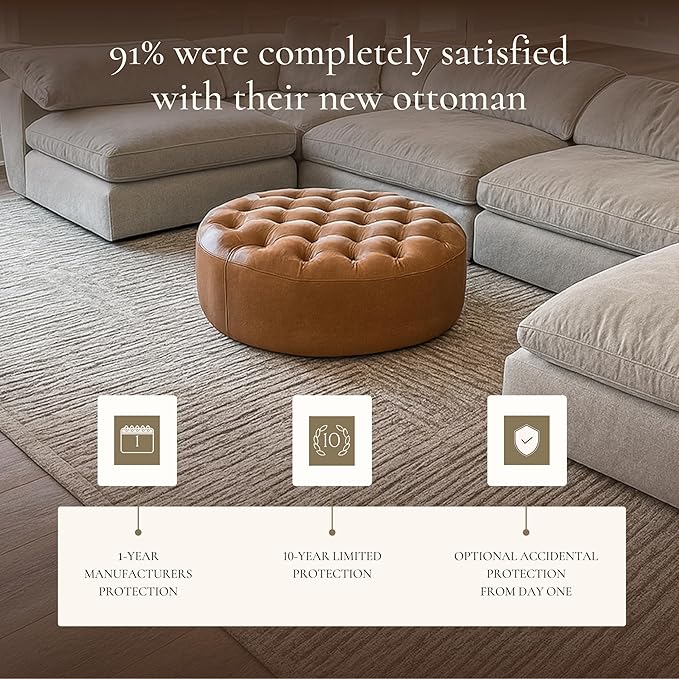POLY & BARK Ascot Ottoman – 40" Round Pouf with Feather-Down Topper – Full-Grain Leather Upholstered Pouf Ottoman for Living Room – Vintage Italian Leather in Cognac Tan