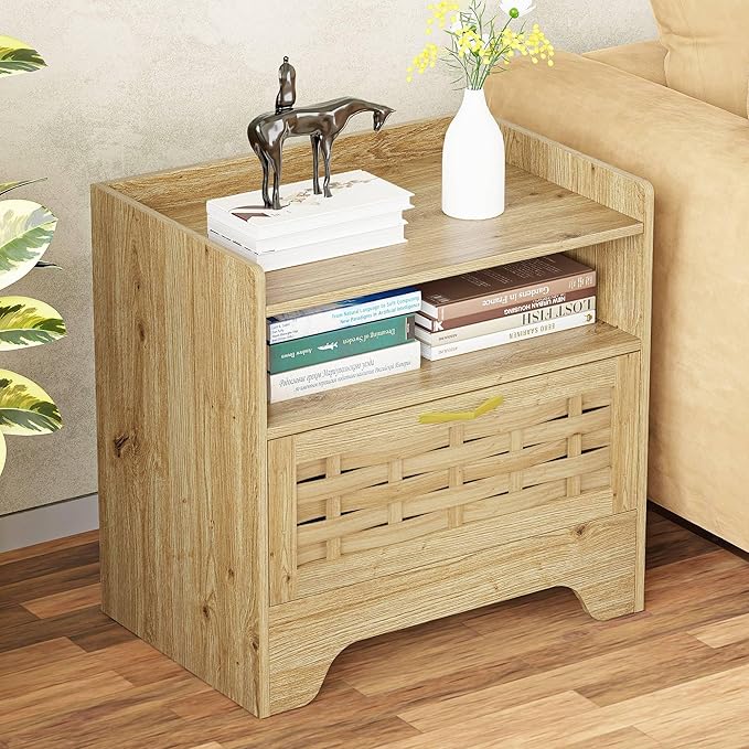 24" Rattan Nightstand with Storage Drawer, Oak Bedside Table with Semi Open Cubby, Boho Night Stand with Farmhouse Arched Base for Bedroom, Side Table, End Table for Dorm