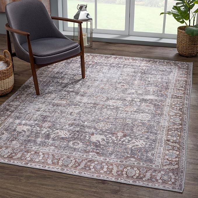 Bloom Rugs Washable 3' x 5' Rug - Brown/Dark Gray Traditional Area Rug for Living Room, Bedroom, Dining Room, and Kitchen - Exact Size: 3' x 5'