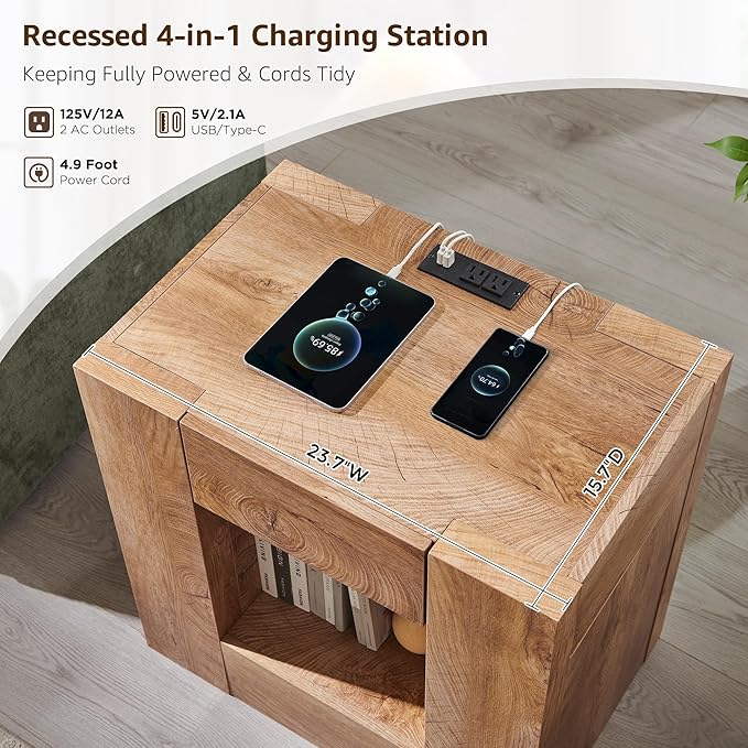 OKD 24" Modern Nightstand with Charging Station, Large Wood Bedside Table w/Hidden Drawers & Open Storage Shelf, Rustic End Table for Bedroom,Living Room,Light Tree Knot