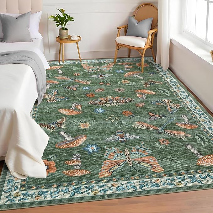 Mushroom Washable 8x10 Rug for Living Room Non Slip 8 x 10 Rug for Bedroom with Rubber Back Soft Low-Pile Stain Resistant Foldable Large Carpet for Office Nursery Dining Room Green