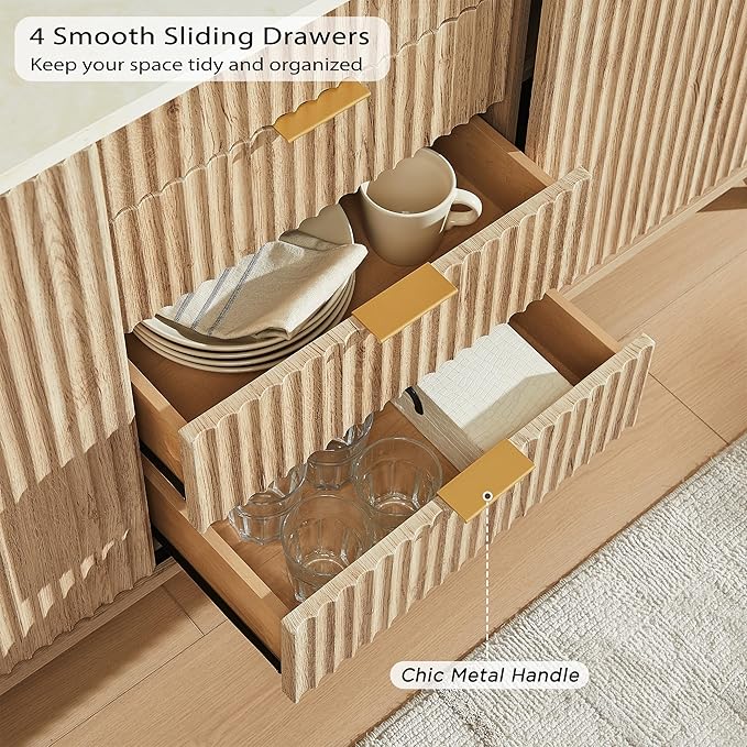 T4TREAM Fluted Buffet Cabinet, 60" Modern Sideboard with Sliding Doors & 4 Drawers, Coffee Bar Table with Storage, Faux Marble Top and Curved Profile Design for Dining Room, Living Room, Natural Oak