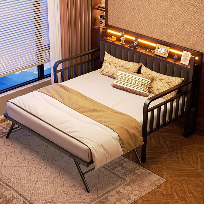 Daybed with Trundle and LED Light, Heavy Duty Metal Twin Bed Frame with Upholstered Storage Headboard & Charging Station, Day Bed Pop Up Trundle Bed Twin for Living Room,Bedroom and Guest Room, Brown