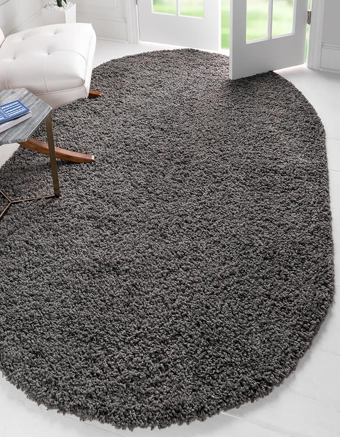Unique Loom Solid Shag Collection Area Rug (5' 3" x 8' Oval, Graphite Gray)