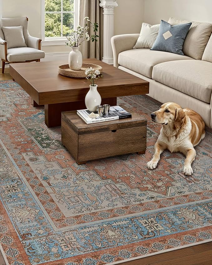 GENIMO 6X9 Area Rugs for Living Room, Machine Washable Vintage Floor Cover Foldable Modern Non Slip Rug, Low Pile Soft Indoor Carpet Floral Print Mat Rug,Bedroom/Dining Room/Office,Multi-Terracotta