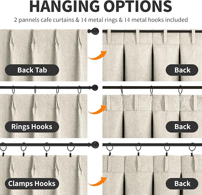 WdFour 42x45 Inch Pinch Pleated Blackout Cafe Curtains - Pack of 2, 100% Light Blocking Back Tab Drapes for Half Windows, Kitchen & Bathroom Short Curtains (Hemp Gray)