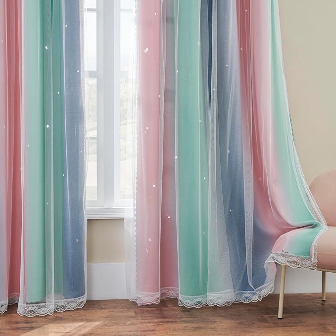 XiDi Pink Green Grey Kids Room Curtains, 34"W x 72"L, Blackout, Modern, Striped, 1 Panel