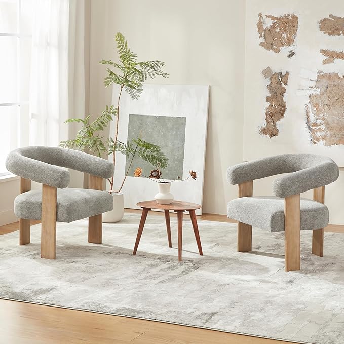 VKNOW Accent Chair Living Room Chairs Set of 2, Modern Upholstered Arm Chair with Solid Wood Legs, Comfy Barrel Accent Chairs for Living Room, Bedroom, Grey