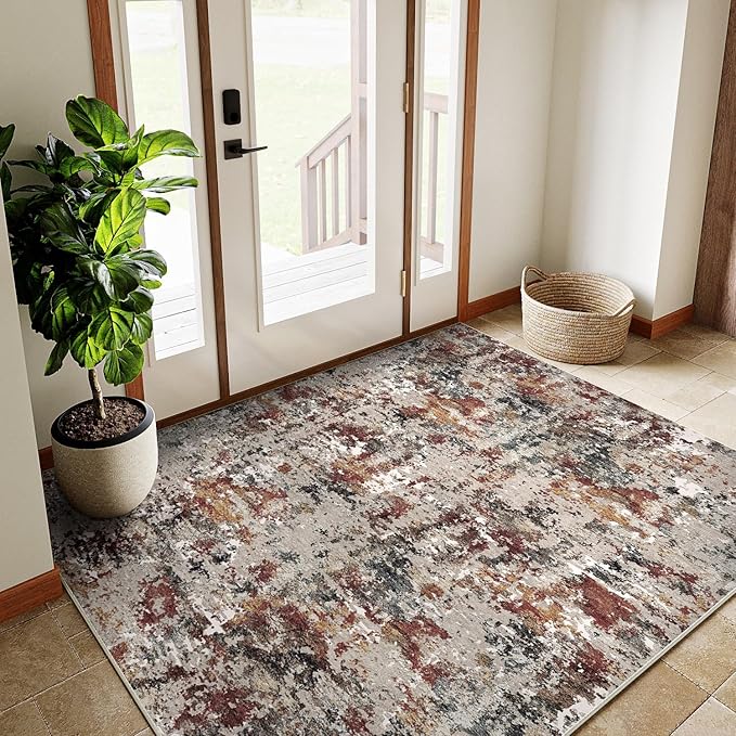 Modern Area Rug 3x5 Machine Washable Entryway Entrance Carpet Red Brown Multi Kitchen Mat Non Slip Indoor Accent Neutral Abstract Distressed Throw Rug for Dining Living Room Office Bedroom