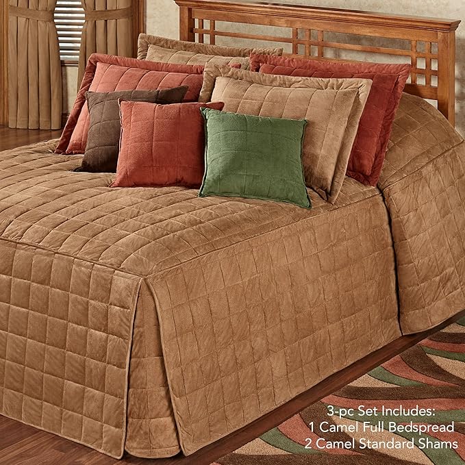 Touch of Class Camden Luxury Bedding | Neutral Camel Color | Classic Fitted Bedspread | Faux Suede Box Quilted Design | Designed 3 Piece Set Includes Full Bedspread and 2 Standard Shams