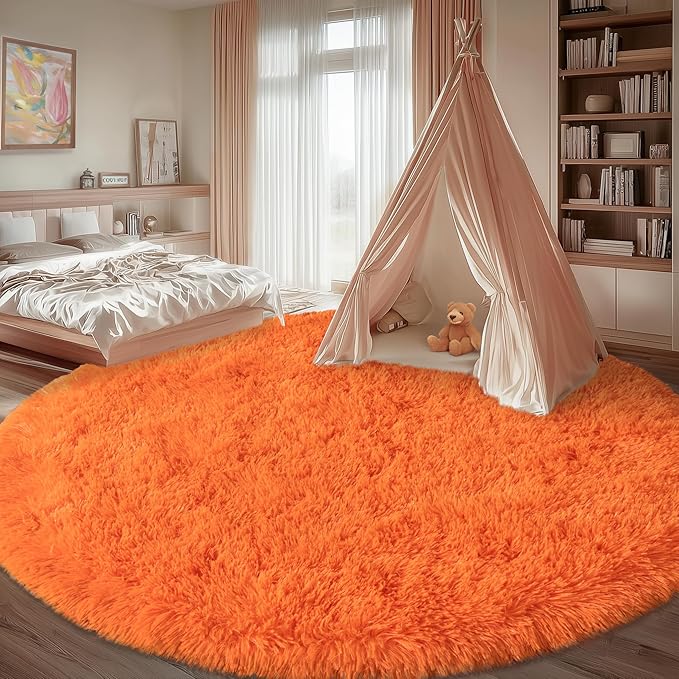 Round Orange Rug for Bedroom, 7 ft Circle Area Rugs for Living Room, Soft Large Fluffy Shag Carpet for Teen Girls Boys Nursery Room Dorm Home Decor Aesthetic