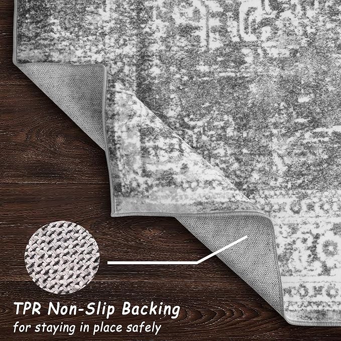 vivorug 8x10 Area Rugs, Stain Resistant Washable Rug for Living Room, Vintage-Inspired Grey Rug