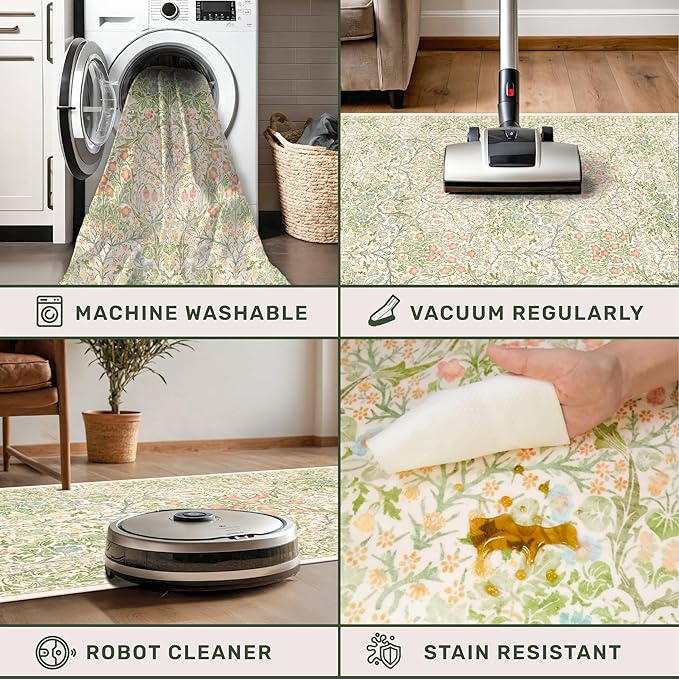 Non Slip Beige Green Bathroom Runner Rug - Long Runner Rugs 24 x 72 Washable Kitchen Floor Mat, Laundry Room Rug, Hallway Runner - Vintage Floral Design Décor (2x6 Beige Green)