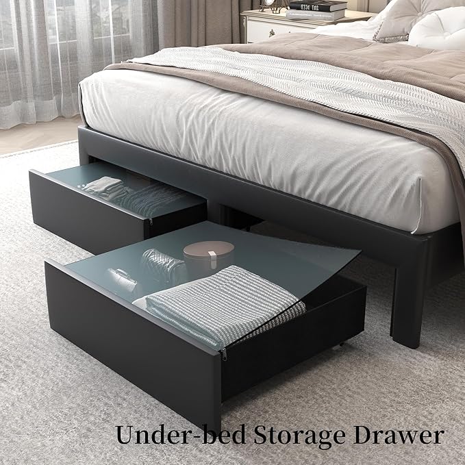 King LED Bed Frame with 2 Storage Drawers, PU Upholstered Platform Beds with Galaxy Star Projector Charging Station Speaker, Aurora Bedframe with 2-Tier Storage Headboard, Noise-Free, Black
