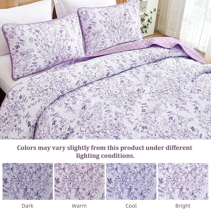 WONGS BEDDING Quilt Queen Size, Purple Quilt Bedding Set with 2 Pillowcases, Botanical Quilt for Queen Bed, Soft Microfiber Lightweight Coverlet Bedspread for All Season (96"×90", 3 Pieces)