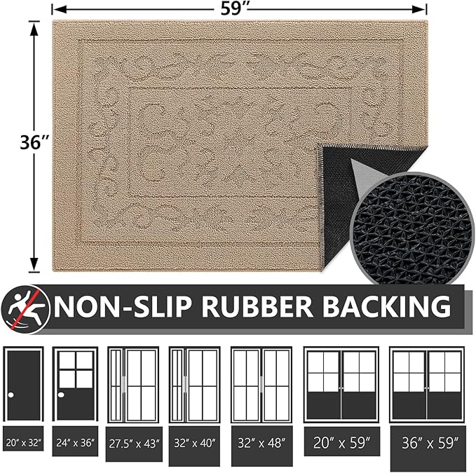 FONEYI Indoor Door Mat, Front Back Door Mat 36" x 59" Non-Slip Rubber Backing Door Rug, Machine Washable Entry Rug, Low Profile Absorbent Dirt Trapper Doormat Inside Floor Mats for Entryway, Beige
