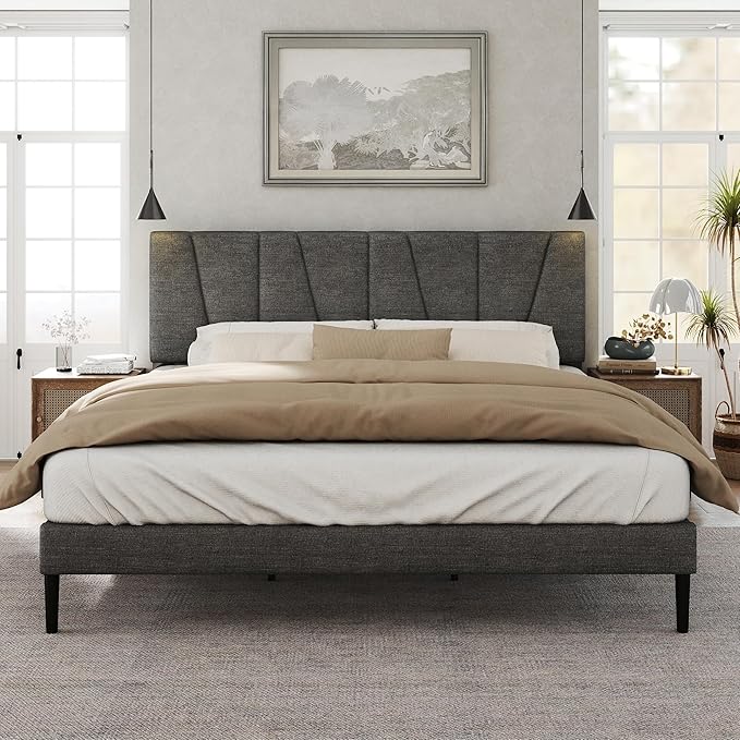 Full Size Bed Frame with Fabric Upholstered Headboard, Platform Bed with Wooden Slats Support, Fully Mattress Foundation, Box Spring Optional, Easy Assembly