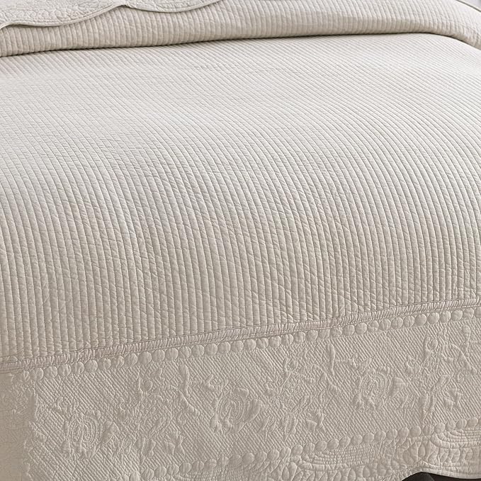 MarCielo 3-Piece 100% Cotton Oversized Bedspread Lightweight Quilt Coverlet Embroidery Farmhouse Bedding Set (TG Yellowish Beige, Oversized King (118"x106"))