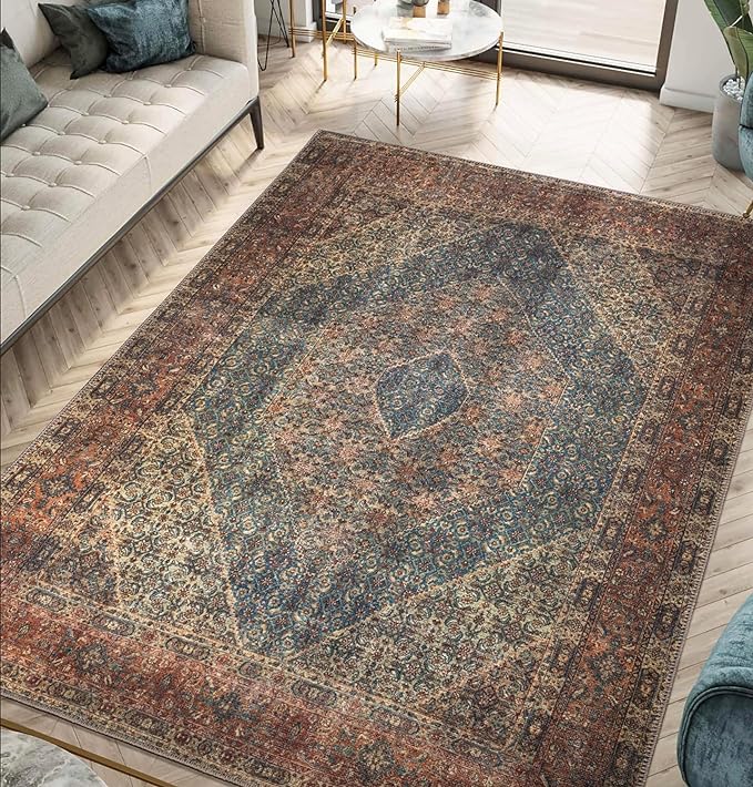 Keen Home Design 5x7 Rug - Machine Washable Area Rug with Non-Slip Backing, Ideal for Living Room, Dining Room, Bedroom - Vintage, Easy Clean, Durable, Low Pile Rug - (5' x 7')