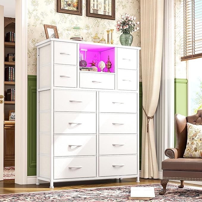 Dresser for Bedroom with 13 Fabric Drawers, White Dresser with LED and 4 Charging Ports and Open Shelves, 47''H Chest of Drawers for Entryway, Hallway