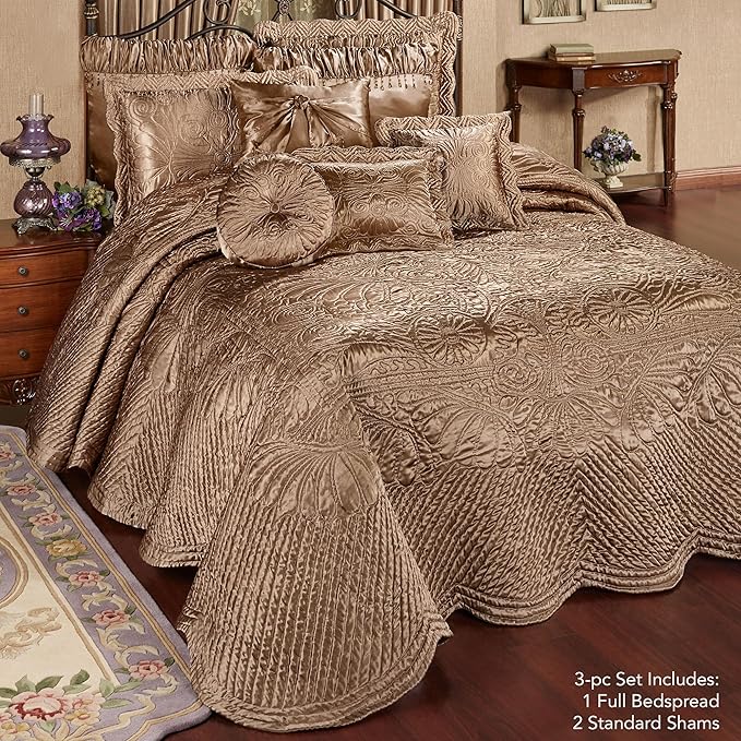 Touch of Class Portia Luxury Bedding | Rich Smoky Topaz | Premier Quilted Polyester Satin | Hand Guided Machine Quilted Scroll Design 3 Piece Set: Full Oversized Bedspread & 2 Standard Shams