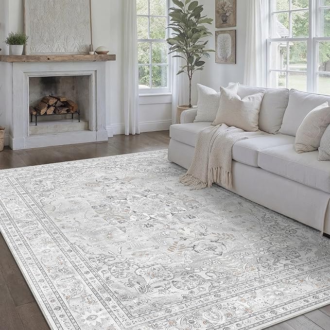 Grey 8x10 Area Rug Washable Vintage Carpet for Living Room Bedroom Large Soft Retro Floral Low Pile Thin Indoor Rug Non Slip Central Medallion Floor Cover for Dining Room Office