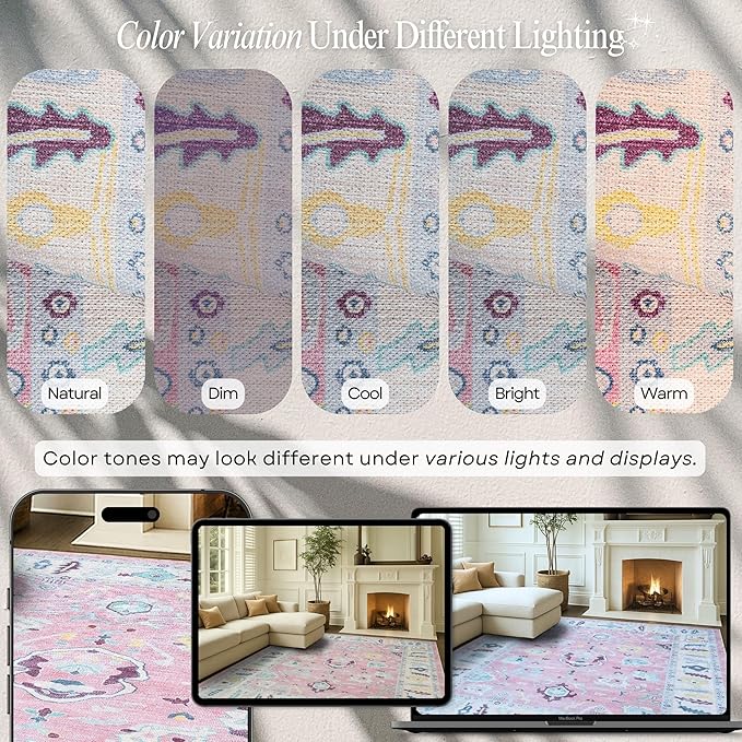 Fame Rugs Pink Modern Oushak Rug 2'6"x7', Washable Vintage Turkish Colorful Oriental Antique Inspired Foldable Small Runner Rugs, Luxury Living Room Bedroom (385PB, 2'6" x 7')