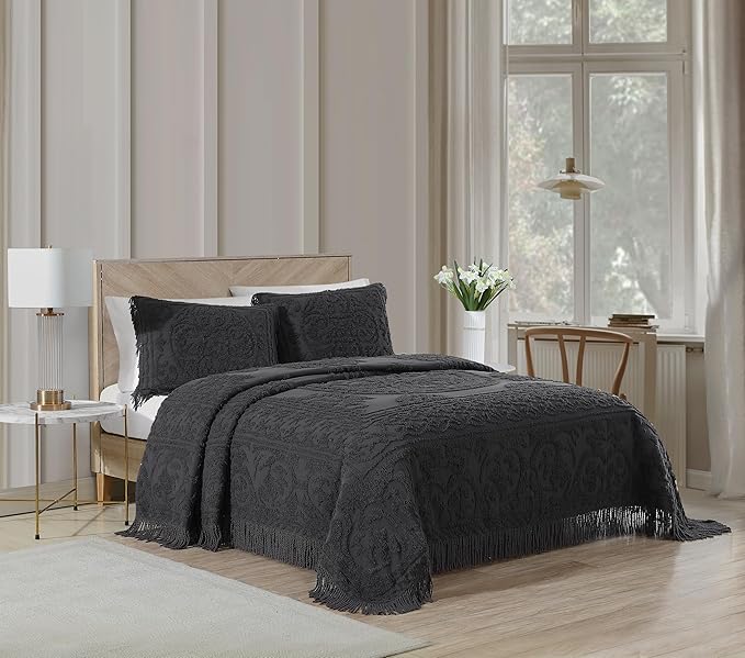 Beatrice Home Fashions Medallion Chenille Bedspread, Standard Sham, Charcoal