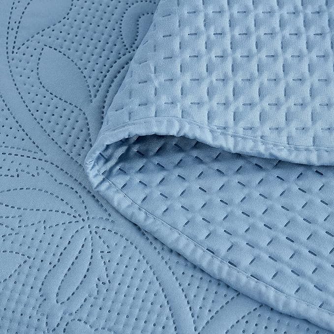 CHIXIN Oversized Bedspread Coverlet Set King Size - Lightweight Bedding Cover - Ultrasonic Quilting - 5 Piece Reversible Bedspread - Vintage Rose Pattern (King, Ashley Blue)