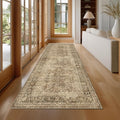 Fmfunctex 3x7 Runner Rug Brown Washable Vintage Neutral Distressed Non Slip Low Pile Indoor Carpet Soft Retro Floral Hallway Entryway Rug for Kitchen Living Room Bedroom Bathroom Laundry Entry Bedside