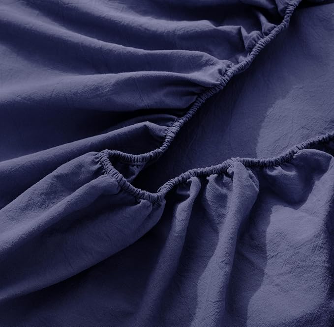 MooMee Fitted Bottom Sheet Only 100% Washed Cotton Linen Like Textured Breathable Durable Soft Comfy Deep Pocket Fits Mattress up to 17" (Dark Blue, King)