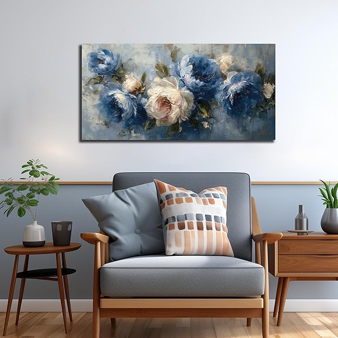 JuhaiArt Peony Floral Wall Art Bedroom Blue Wall Decor White Wall Picture Flower Artwork for Living Room Office 20" x 40"