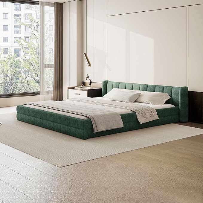 DEINPPA King Size Bed Frame with Cloud Soft Headboard, Chenille Upholstered Grounded Wood Base Bed Frame, No Box Spring Needed-Blue+Green