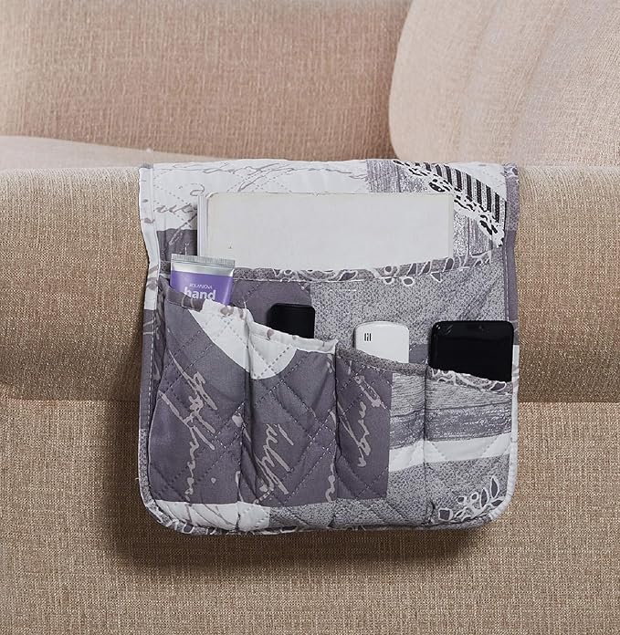 Brilliant Sunshine Grey Heart Love Patchwork Couch Armrest 5 Pockets Organizer, Slip Resistant Armchair Caddy, Washable Remote Controls Holder, Storage for Magazine, Tablet, Phone, 35×13", Grey White
