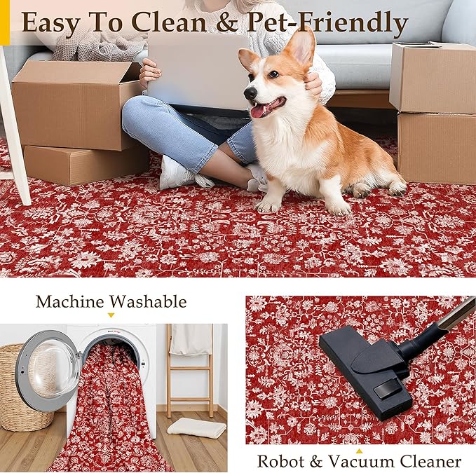 Christmas Area Rug 6x9 Red Washable Living Room Carpet Vintage Floral Holiday Decor Indoor Bedroom Accent Rug Decorative Non Slip Low Pile Xmas Carpet for Dining Room Office Playroom