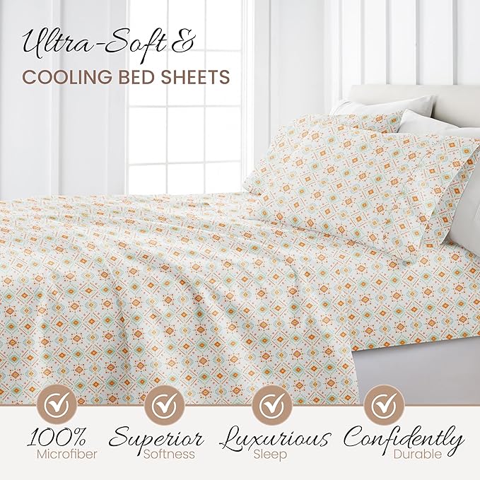 Linen Market Patterned Microfiber Queen Sheet Set 4 Piece – Oeko-TEX Certified Ultra Soft & Wrinkle-Free - 16" Deep Pocket Sheets - Easy Care Queen Size - Aztec Dreams Coral