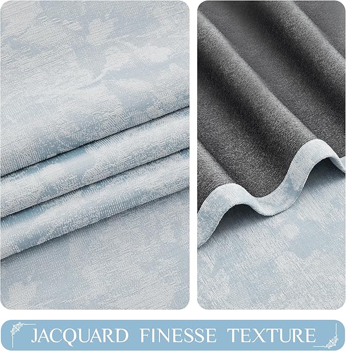 Beauoop Blue Floral Jacquard Blackout Curtains 90 Inches Long 2 Panels for Bedroom Living Room Chenille Flower Room Darkening Thermal Insulated Soundproof Grommet Window Treatments Drapes, 52x90