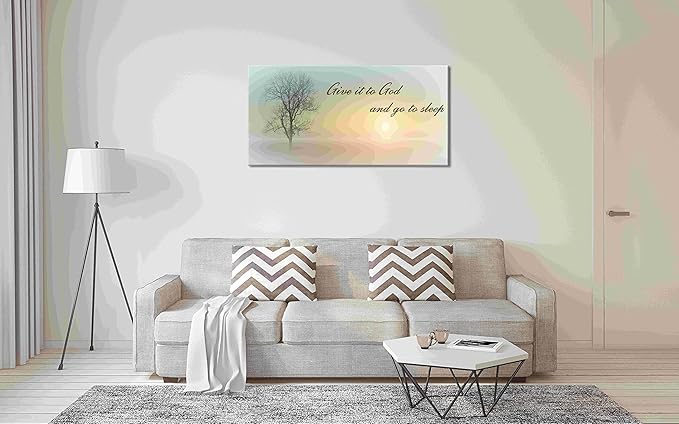 Misty Sunset & Tree Plant Picture For Bedroom Above Bed,Large White Country Wood Sign For Bathroom Canvas Wall Art,Give It To God And Go To Sleep Artwork Decor,Gallery Wrapped Gift,Inner Frame(30x60)