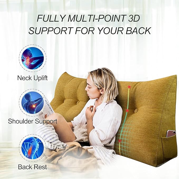 homecozy Wedge Headboard Pillow Dorm Room Reading Pillow Back Support for Sitting Up in Bed Bolster Lumbar Cushion Body Positioning Bedrest Cotton Linen 54in Yellow Full