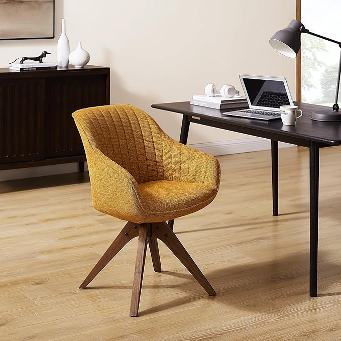 Zouron Mid Century Modern Accent Chair with Wooden Legs, Upholstered Swivel Chair No Wheels, Side Accent Armchair Vanity Chair for Small Space Home Office Living Room Bedroom, Yellow