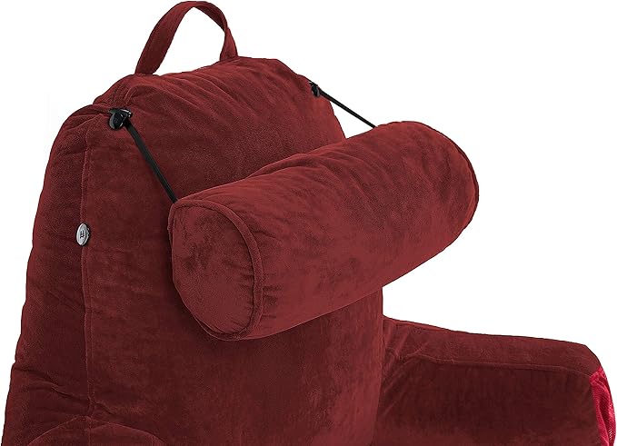 Husband Pillow Medium Maroon, Backrest for Kids, Teens, Petite Adults - Reading Pillows with Arms, Adjustable Loft, Plush Memory Foam, Bed Rest Chair for Sitting Up, Detach Neck Roll, Removable Cover