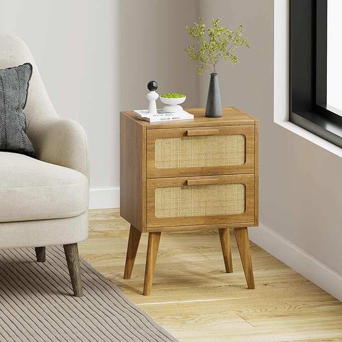 YAUKOMEL Rattan Nightstand,End Table, Side Table with 2 Hand Made Rattan Decorated Drawers,Boho Bedside Table,Wood Accent Table with Storage for Livingroom, Bedroom, Toffee Wood CTG59T