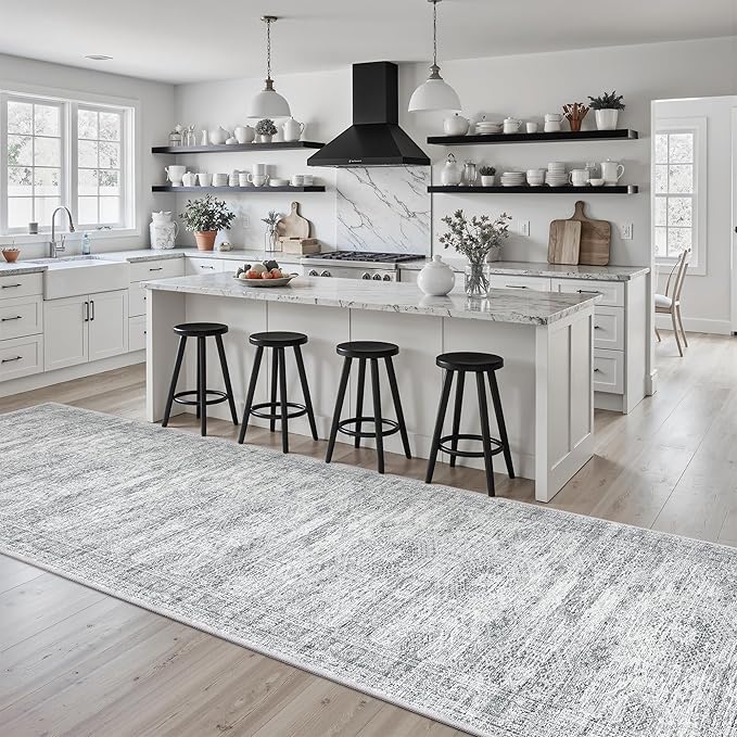 Runner Rug 2'6" x 10' Washable Non-Slip Runner Rugs for Kitchen Bathroom Laundry Room Vintage Ultra Thin Runners for Hallway Entryway Grey