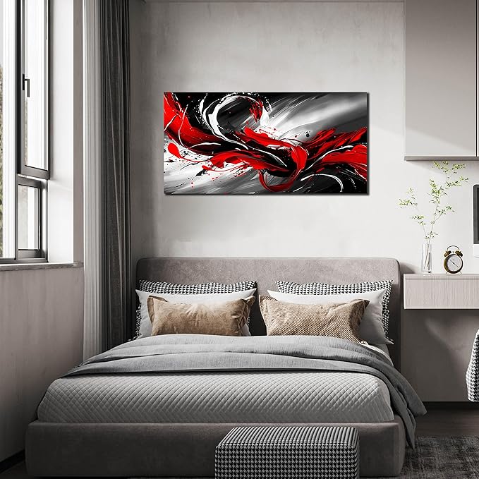 Black White and Red Abstract Print Picture Painting Large Canvas Wall Art for Living Room Bedroom Framed Canvas Wall Decor Modern Room Abstract Wall Decorations Artwork Size 20x40 Ready to Hang