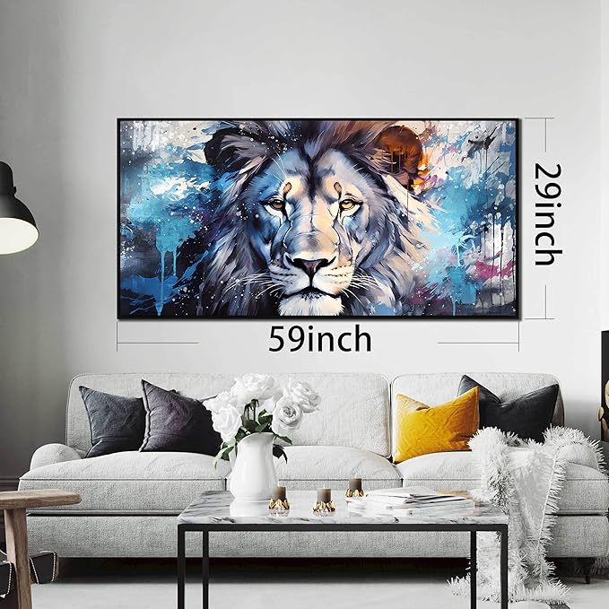 Lion Wall Art for Living Room, Animal Canvas Wall-Decor for Bedroom, Blue Picture Print, Large Size 59x29 Inches Framed